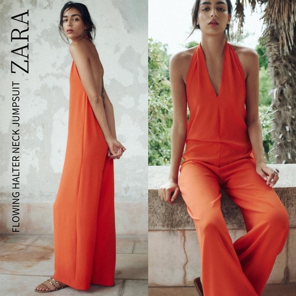🐢 ZARA Blood Orange Halter Jumpsuit Size Large - Picture 3 of 11